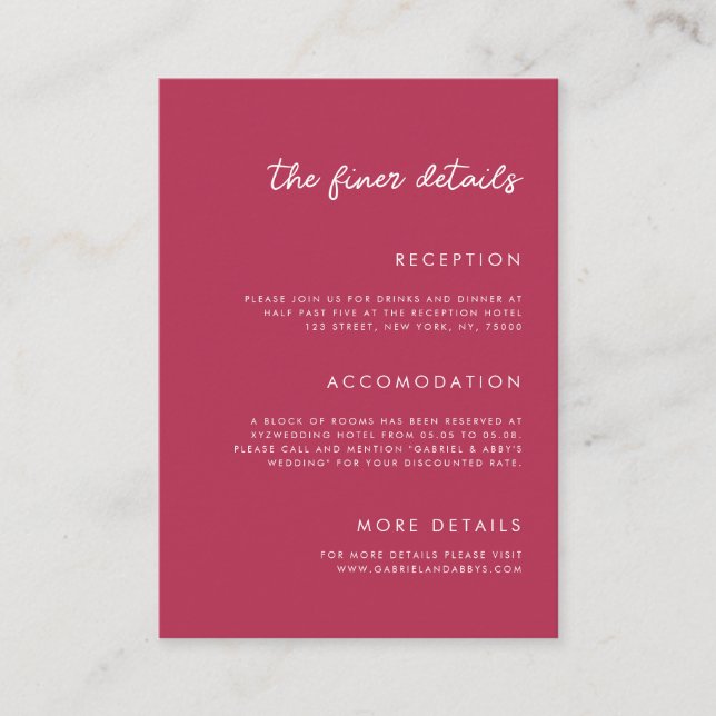 Carte D'accompagnement Vibrant Viva Magenta Fuchsia Détails Mariage (Devant)