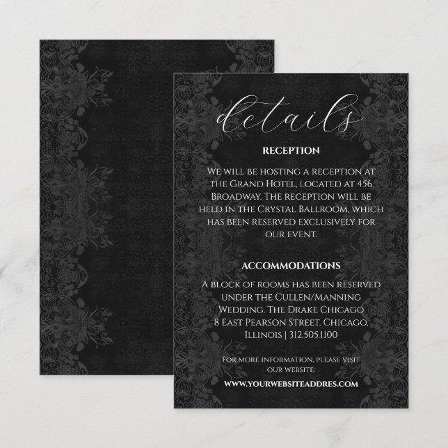 Carte D'accompagnement Victorian Black Moody Information du Mariage (Devant / Derrière)