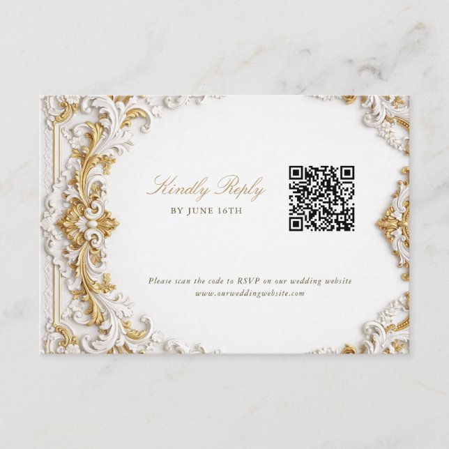 Carte D'accompagnement Victorian Gold & White Baroque RSVP with QR Code (Devant)