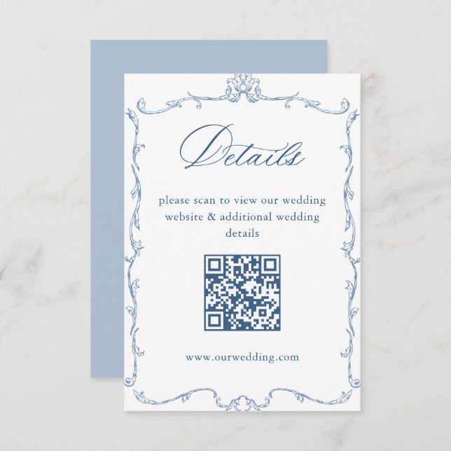 Carte D'accompagnement Victorian Ornate Blue Détails du Mariage QR (Devant / Derrière)