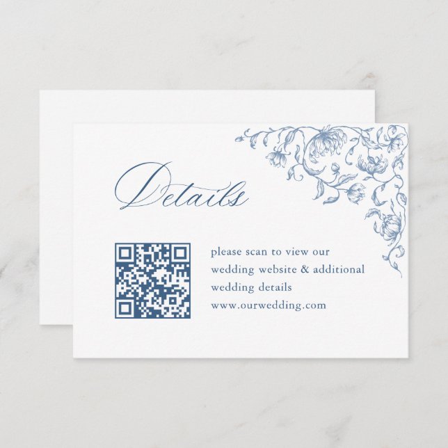 Carte D'accompagnement Victorian Ornate Blue Mariage QR code Détails (Devant / Derrière)