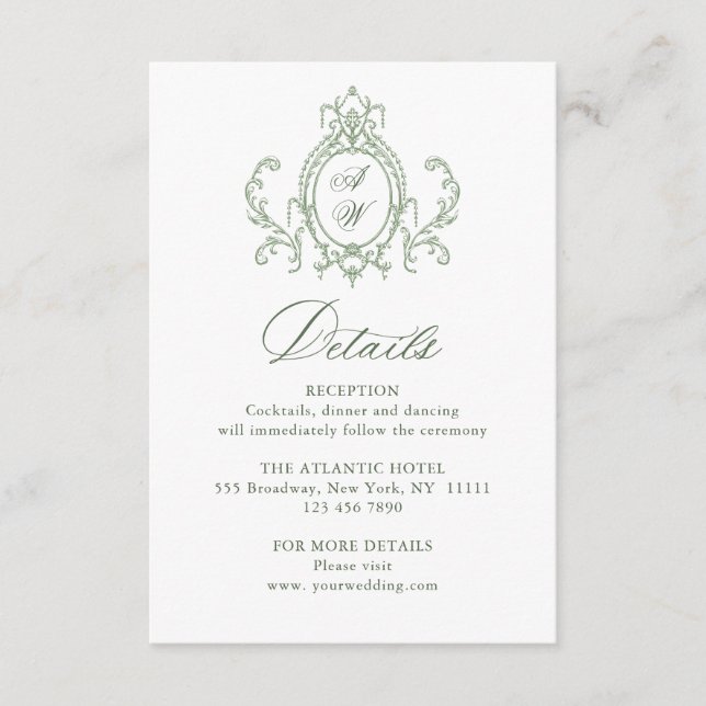Carte D'accompagnement Victorian Ornate Floral Sage Green Détails du Mari (Devant)
