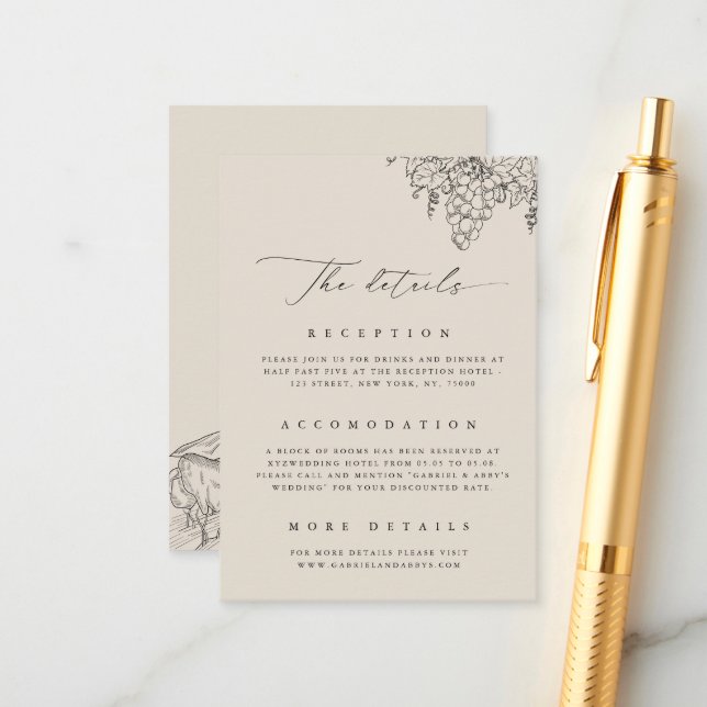 Carte D'accompagnement Vineyard Mariage Napa California Winery Détails (Devant/Arrière en situation)