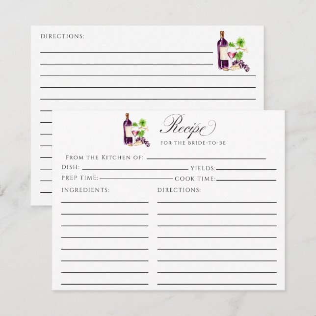 Carte D'accompagnement Vino Before Vows Recipe Card Bridal Shower Insert (Devant / Derrière)