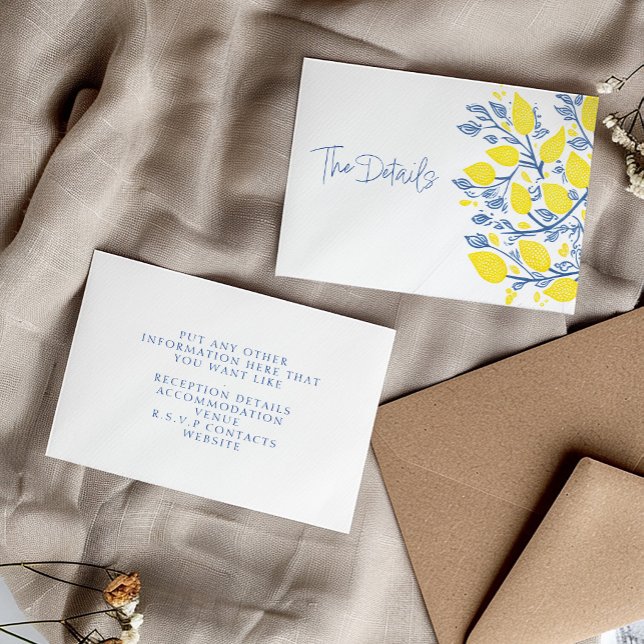 Carte D'accompagnement Vins de citron bleu et jaune, détails (Refreshing Blue and Yellow Lemon Vines "The Details" Wedding Enclosure Card.)