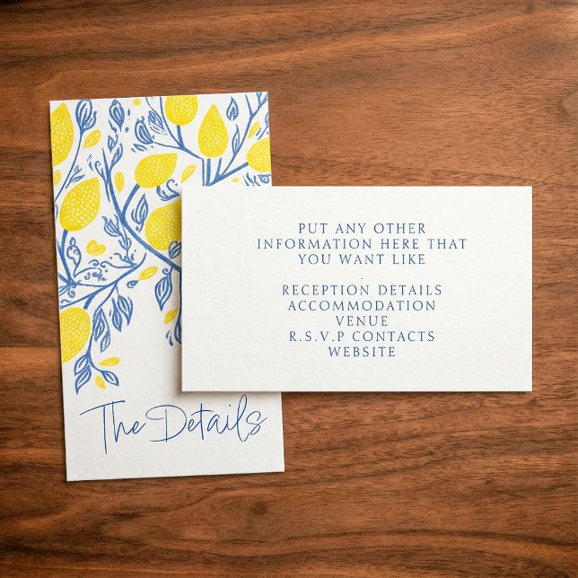 Carte D'accompagnement Vins de citron bleu et jaune mariage les détails (Blue and yellow lemon vines wedding the details enclosure card.)