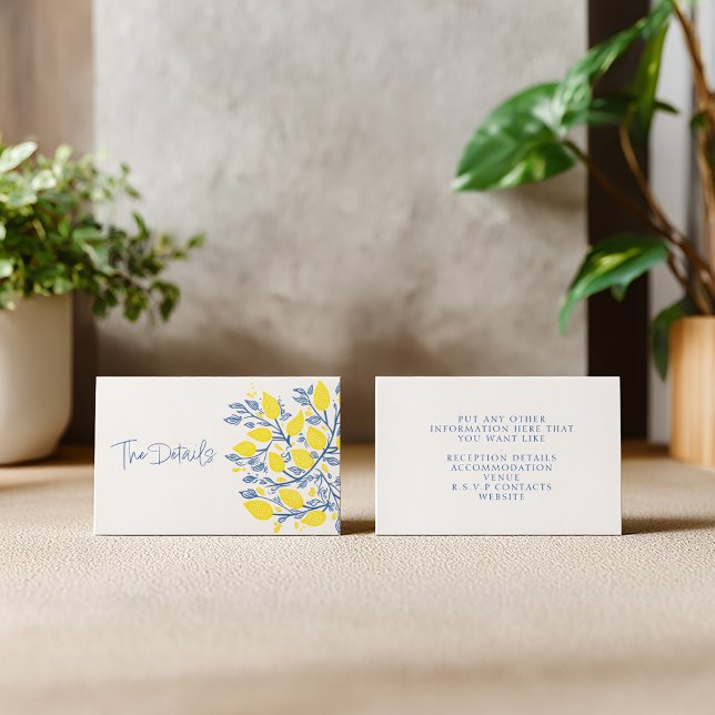 Carte D'accompagnement Vins de citron bleu et jaune vifs détails (The details wedding enclosure card with blue and yellow lemon design)