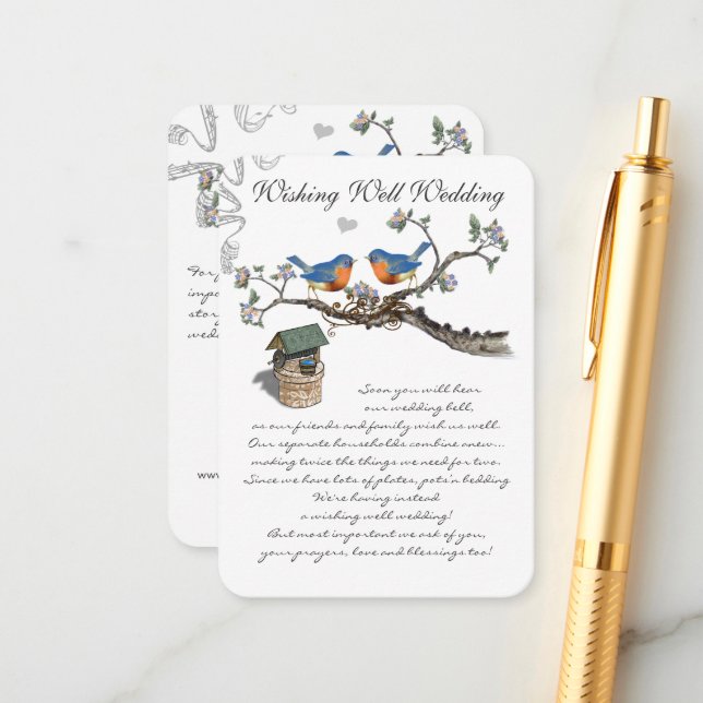 Carte D'accompagnement Vintage Bluebird Wishing well Mariage (Devant/Arrière en situation)