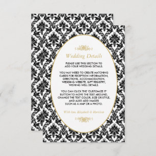 Carte D'accompagnement Vintage Gold, Black & White Mariage damassé Détail