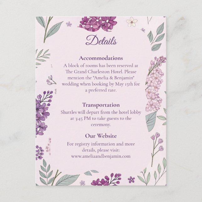 Carte D'accompagnement Vintage Lilac Garden Romance Wedding Details  (Devant)
