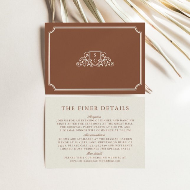 Carte D'accompagnement Vintage Monogram Brown & Ecru Mariage Détails (Vintage Monogram Brown & Ecru Wedding Details Enclosure Card)