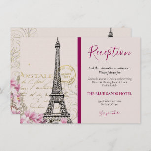 Carte D'accompagnement Vintage Paris Tour Eiffel Mariage en fleurs roses