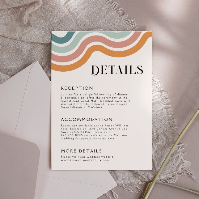 Carte D'accompagnement Vintage Retro 70's Rainbow Mariage détails (Créateur téléchargé)