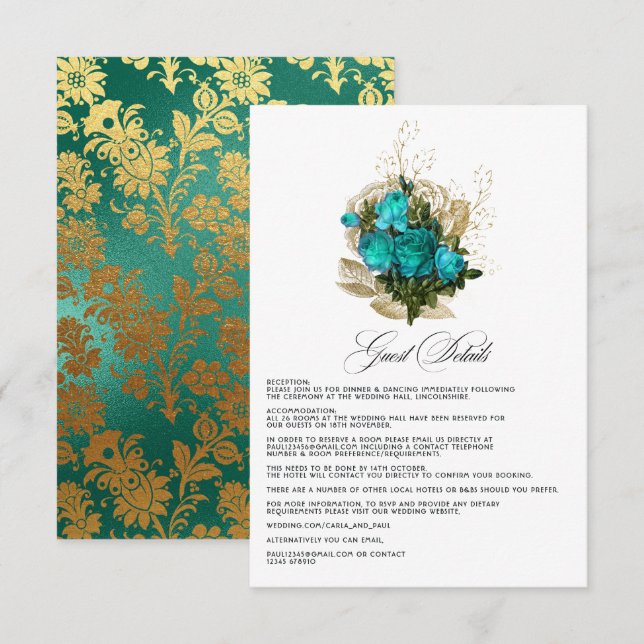 Carte D'accompagnement Vintage Turquoise et Gold Mariage Détails (Devant / Derrière)