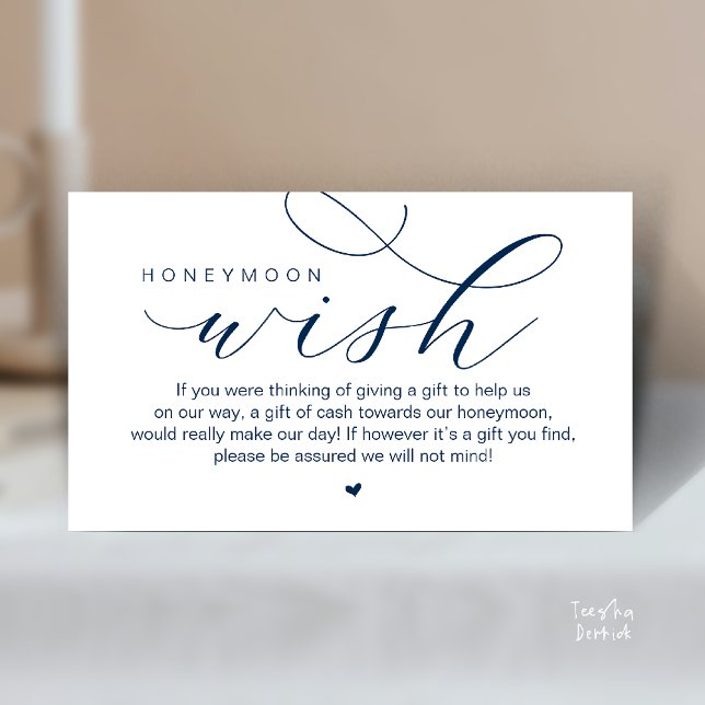 Carte D'accompagnement Vœu de lune de miel de mariage, élégance moderne m (Wedding Honeymoon Wish, Cash, Modern elegance minimal Enclosure Card cute heart in Classy Navy Blue)