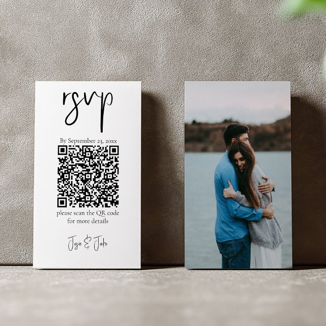Carte D'accompagnement Votre photo, noir et blanc Code QR mariage RSVP (Black and white qr code rsvp with full cover photo)