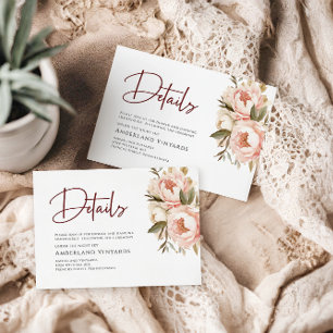 Carte D'accompagnement Watercolor Boho Peonies Floral Mariage Détails