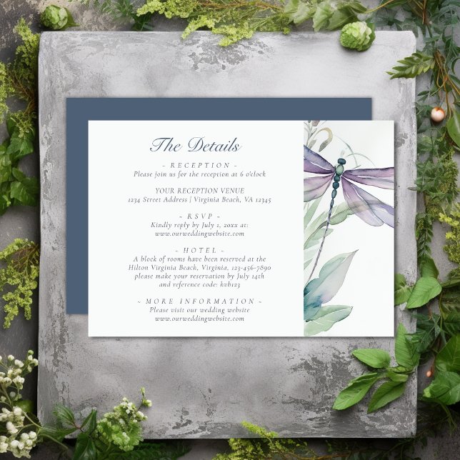 Carte D'accompagnement Watercolor Dragonfly and Greenery Détails du Maria (Watercolor Dragonfly and Greenery Wedding Details Enclosure Card)