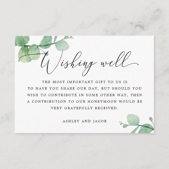 Carte D'accompagnement Watercolor eucalyptus script wedding wishing well (Devant)