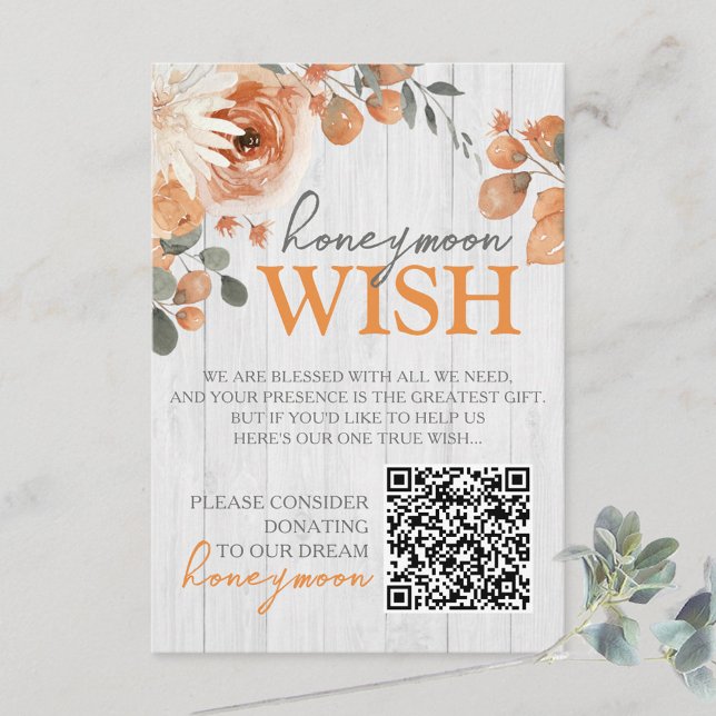 Carte D'accompagnement Watercolor Floral & Wood Mariage Honeymoon Fund (Small Watercolor Floral & Wood Wedding Honeymoon Wish Fund Enclosure Insert Cards with QR code spot)