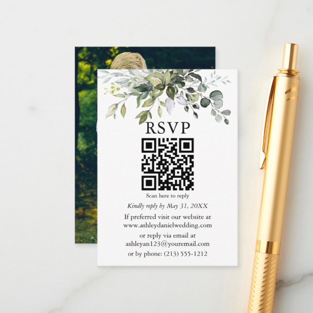 Carte D'accompagnement Watercolor Green Photo QR Wedding RSVP (Devant/Arrière en situation)