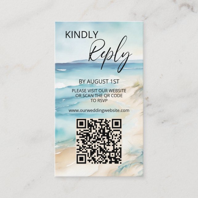Carte D'accompagnement Watercolor Ocean Beach Wedding Website QR Code (Devant)
