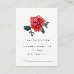 CARTE D'ACCOMPAGNEMENT WATERCOLOR RED ROSE FLORAL DIAPER RAFFLE TICKET