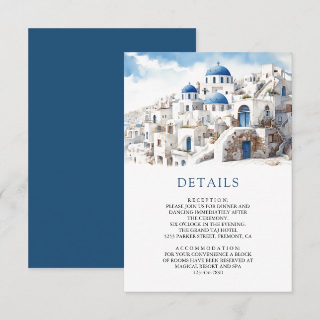 Carte D'accompagnement Watercolor Santorini Greece Wedding Details (Devant / Derrière)