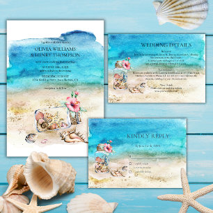 Carte D'accompagnement Watercolor Seashells Beach Détails du mariage