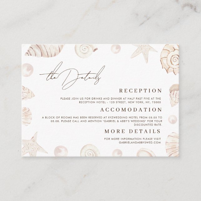 Carte D'accompagnement Watercolor Seashells Nautical Wedding Details (Devant)