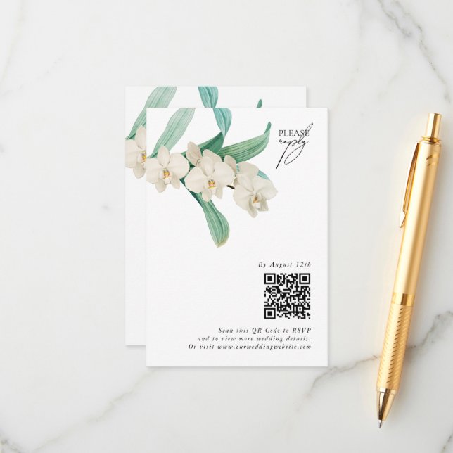 Carte D'accompagnement Watercolor White Orchids Floral Wedding (Devant/Arrière en situation)