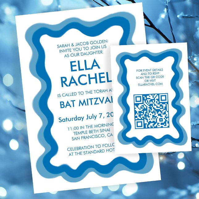 Carte D'accompagnement Wavame Frame Chic moderne personnalisé QR Bar Bat  (Wavy Frame Modern Chic Custom Bar Bat Mitzvah Enclosure QR code Card
)
