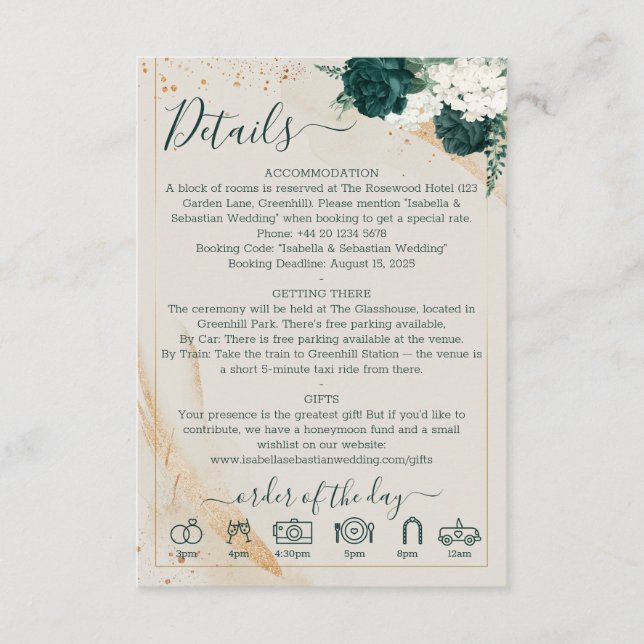 Carte D'accompagnement Wedding Cream Details Emerald Green Rose Floral (Devant)
