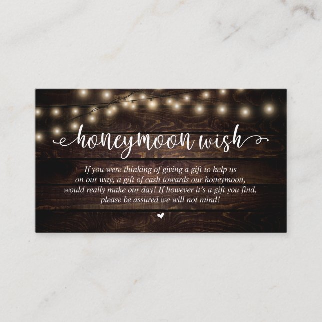 Carte D'accompagnement Wedding Honeymoon Fund Wish, Rustic String Lights (Devant)