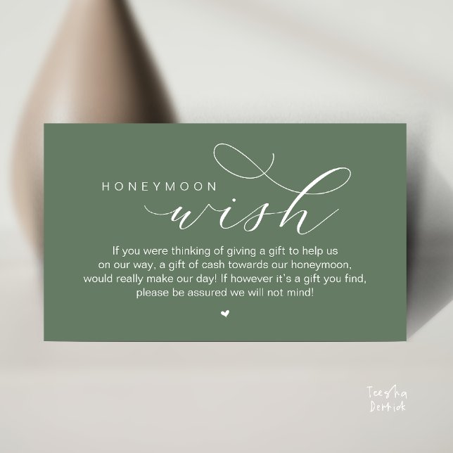 Carte D'accompagnement Wedding Honeymoon Wish, Modern Classy  (Wedding Honeymoon Wish, Cash, Modern elegance minimal Enclosure Card cute heart in Sage Green)