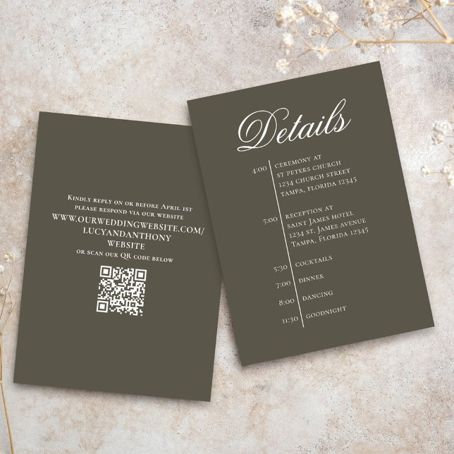 Carte D'accompagnement Wedding Timeline Details Simple RSVP (Simple brown enclosure card with scannable QR code.)