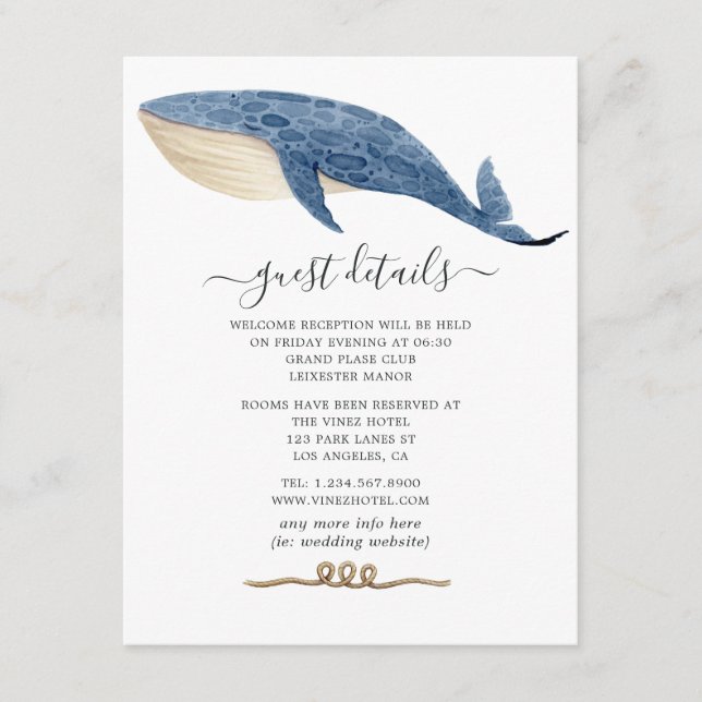 Carte D'accompagnement Whale Nautical Mariage Détails de l'invité (Devant)