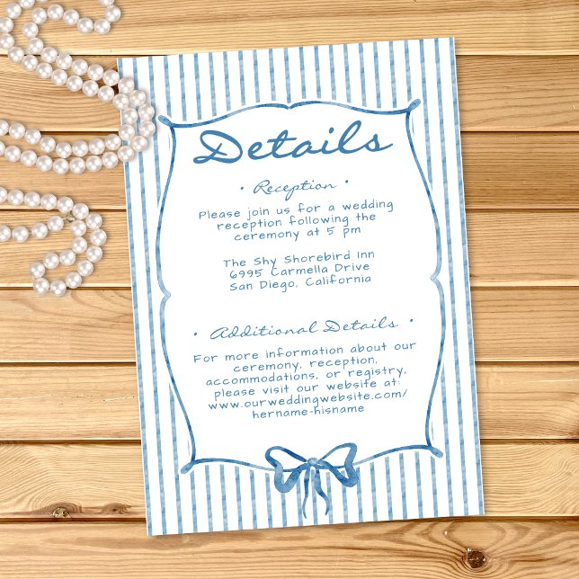 Carte D'accompagnement Whimsical Blue Watercolor Bow Stripe Wedding (Whimsical Blue Watercolor Bow Stripe Wedding Enclosure Card)