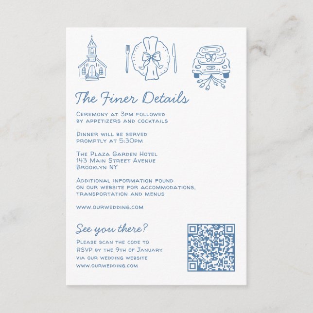 Carte D'accompagnement Whimsical Doodles Détails du Mariage RSVP QR Code (Devant)