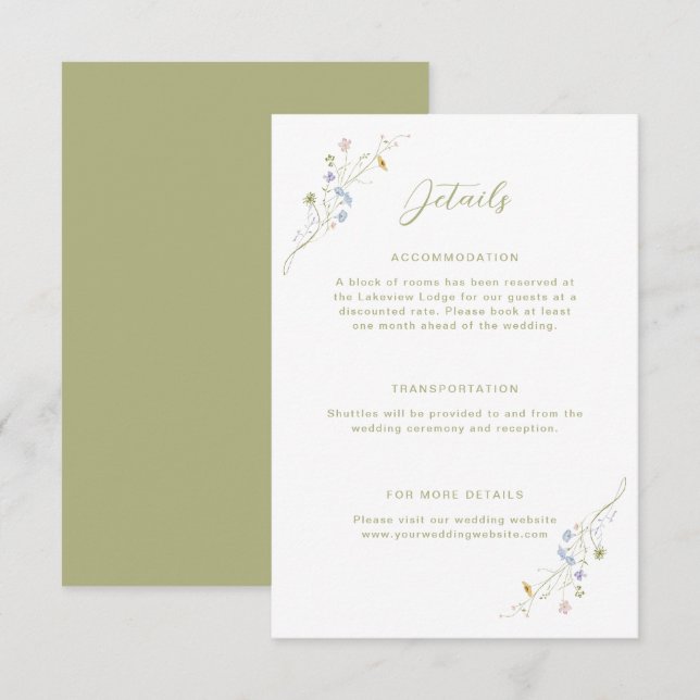 Carte D'accompagnement Whimsical Pastel Détails du Mariage Fleur sauvage (Devant / Derrière)