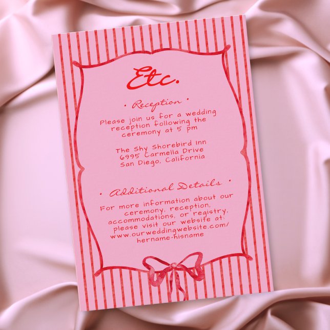 Carte D'accompagnement Whimsical Red Pink Watercolor Bow Stripe Wedding (Whimsical Red Pink Watercolor Bow Stripe Wedding Enclosure Card)