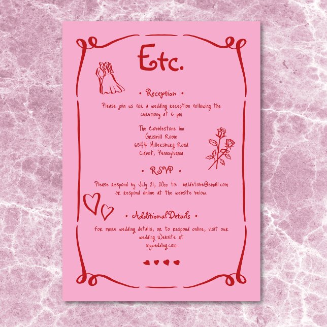 Carte D'accompagnement Whimsical Retro main tiré rose rouge Mariage détai (Whimsical Retro Hand Drawn Pink Red Wedding Detail Enclosure Card)