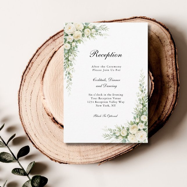 Carte D'accompagnement White Cream Roses Floral Wedding Reception  (White Cream Watercolor Roses Wedding Reception Enclosure card)