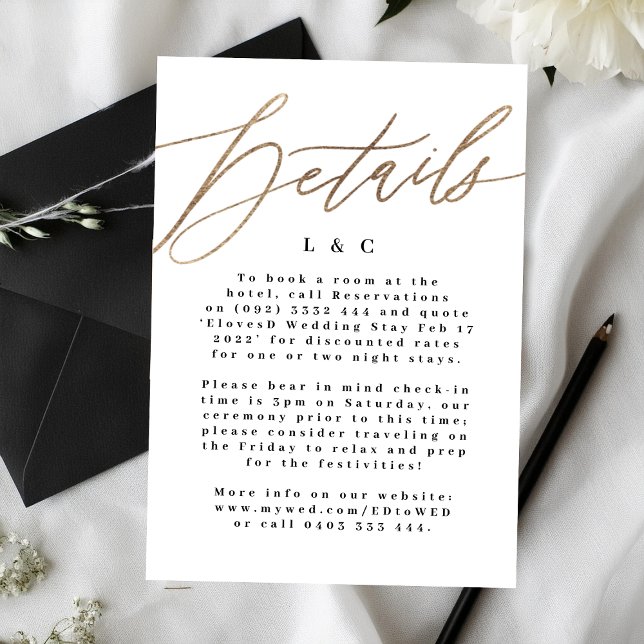 Carte D'accompagnement White Elegant Simple Gold Détails du Mariage (Créateur téléchargé)