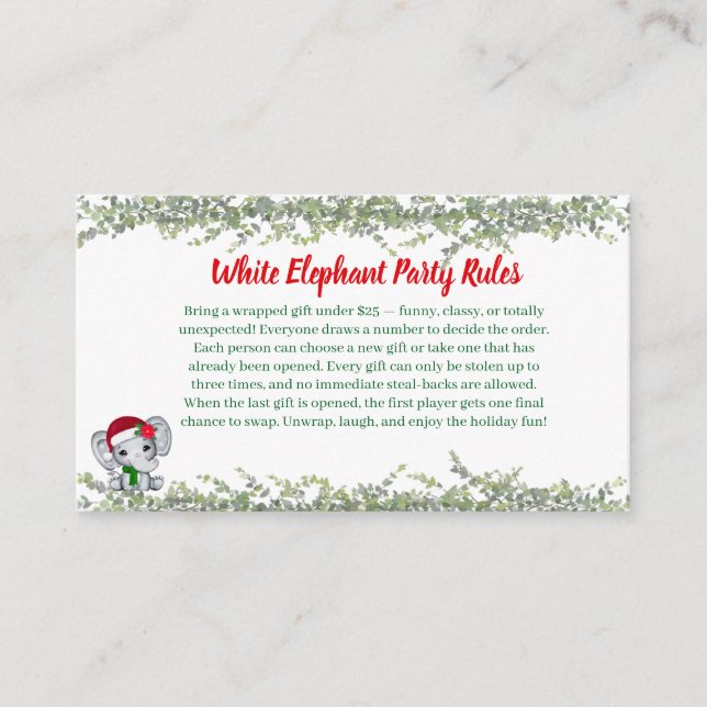 Carte D'accompagnement White Elephant Party Rules Card | Funny & Elegant  (Devant)