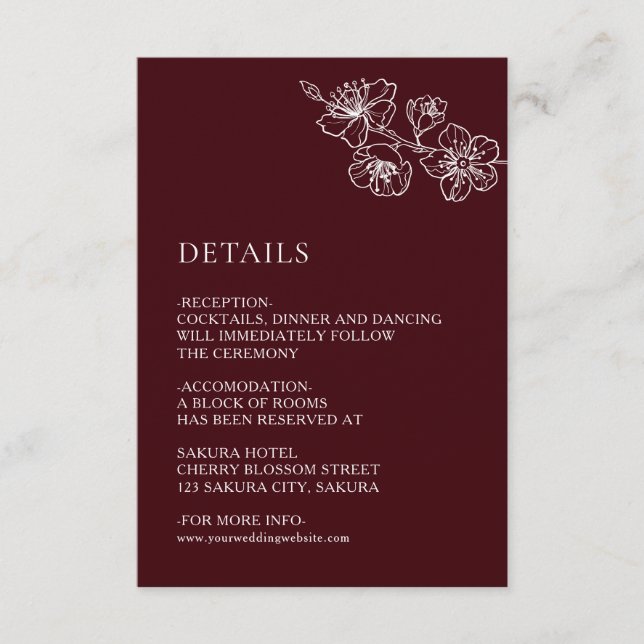 Carte D'accompagnement White Floral Line Art Burgundy Wedding (Devant)