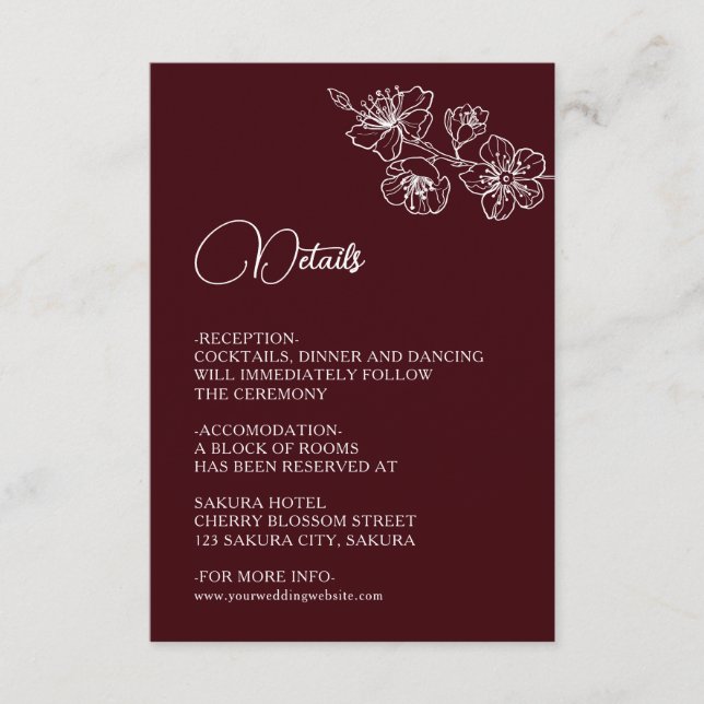 Carte D'accompagnement White Floral Line Art Burgundy Wedding (Devant)