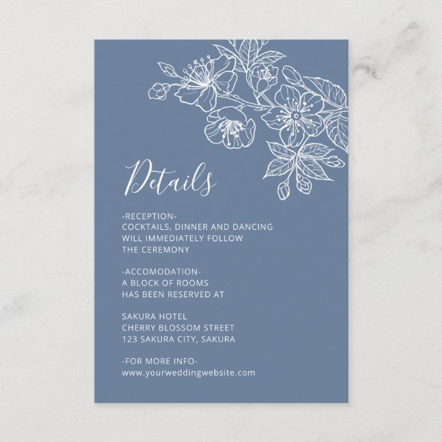 Carte D'accompagnement White Floral Line Art Dusty Blue Wedding (Devant)