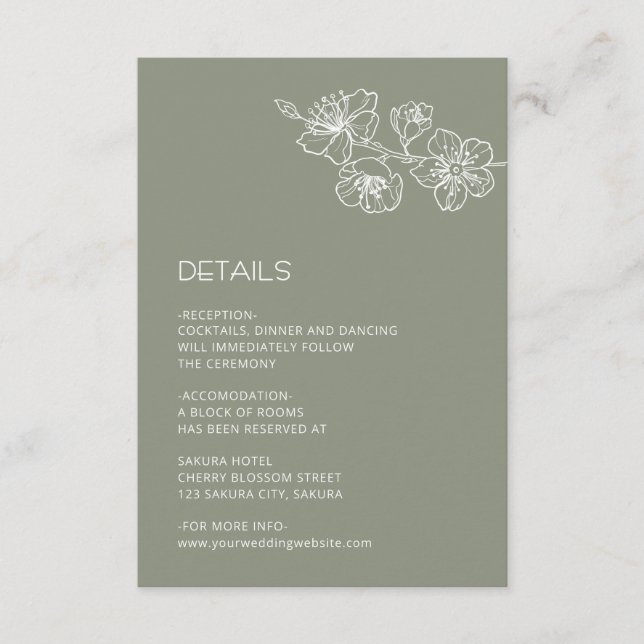 Carte D'accompagnement White Floral Line Art Sage Green Wedding (Devant)