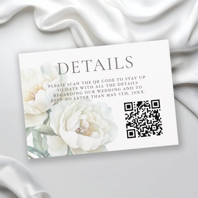Carte D'accompagnement White Peonies Floral Wedding Details QR code (Créateur téléchargé)